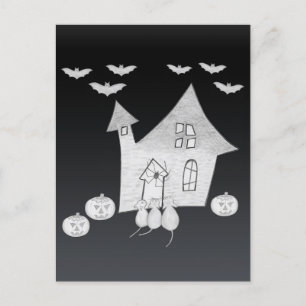 Halloween-Abend mit Spuk Haus, Fledermäusen, Kürbi Postkarte