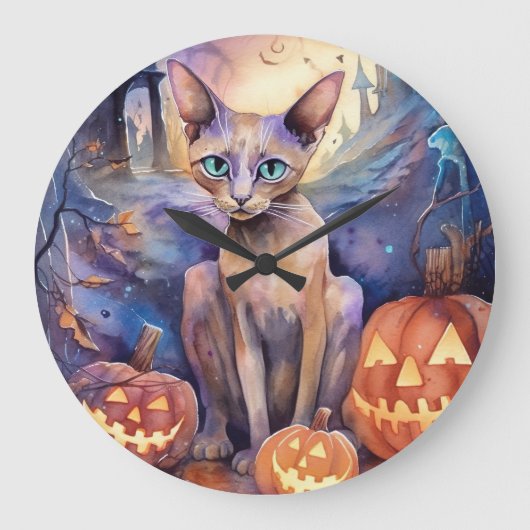 Halloween Abessinerkatze mit Kürbis Beängstigend Große Wanduhr (Vorderseite)