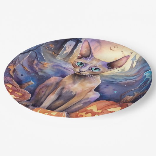 Halloween Abessinerkatze mit Pumpkins Beängstigend Pappteller (Schrägansicht)