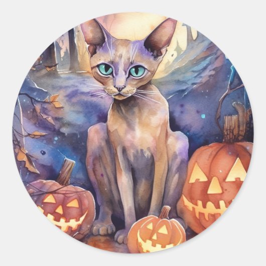 Halloween Abessinerkatze mit Pumpkins Beängstigend Runder Aufkleber (Vorderseite)