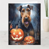 Halloween Airedale mit Pumpkins Beängstigend Karte (Vorderseite)