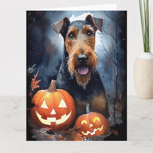 Halloween Airedale mit Pumpkins Beängstigend Karte (Vorderseite)