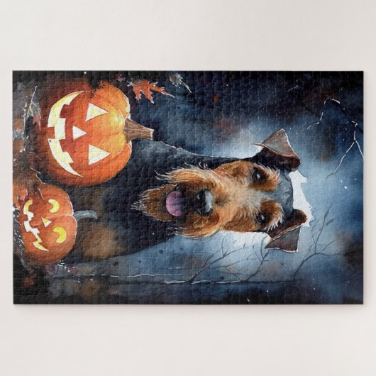 Halloween Airedale mit Pumpkins Beängstigend Puzzle (Horizontal)