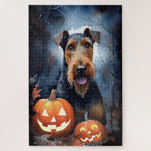Halloween Airedale mit Pumpkins Beängstigend Puzzle (Vertikal)