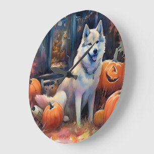 Halloween Alaskan Malamute mit Pumpkins Beängstige Große Wanduhr