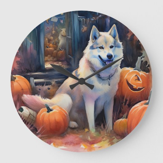 Halloween Alaskan Malamute mit Pumpkins Beängstige Große Wanduhr (Vorderseite)