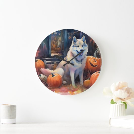 Halloween Alaskan Malamute mit Pumpkins Beängstige Große Wanduhr (Zuhause)