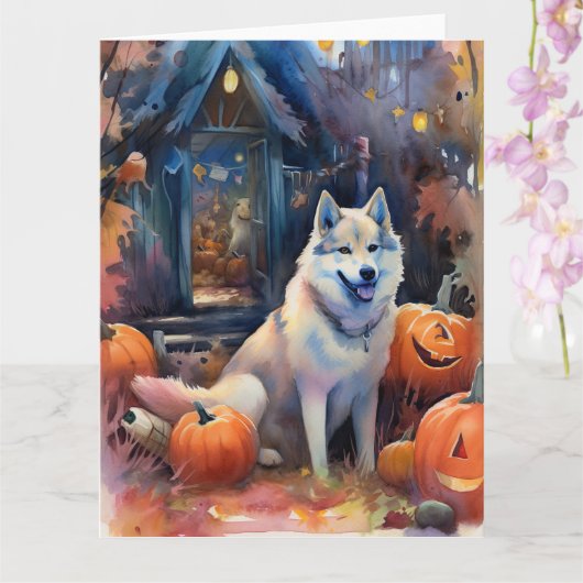 Halloween Alaskan Malamute mit Pumpkins Beängstige Karte (Orchidee)