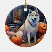 Halloween Alaskan Malamute mit Pumpkins Beängstige Keramik Ornament (Vorne)