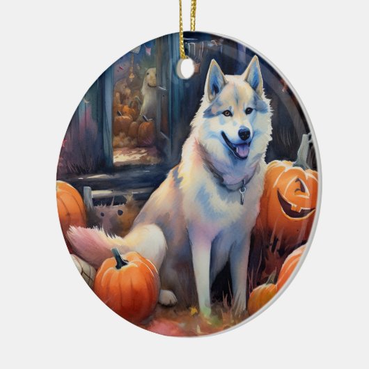 Halloween Alaskan Malamute mit Pumpkins Beängstige Keramik Ornament (Links)