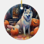 Halloween Alaskan Malamute mit Pumpkins Beängstige Keramik Ornament (Hinten)