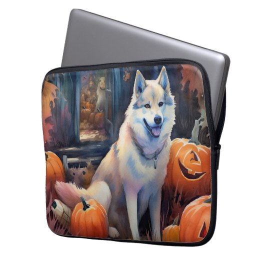 Halloween Alaskan Malamute mit Pumpkins Beängstige Laptopschutzhülle (Vorderseite Links)
