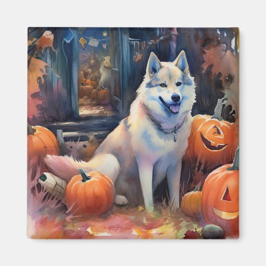 Halloween Alaskan Malamute mit Pumpkins Beängstige Magnet (Vorne)