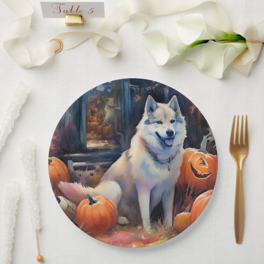 Halloween Alaskan Malamute mit Pumpkins Beängstige Pappteller (Hochzeit)