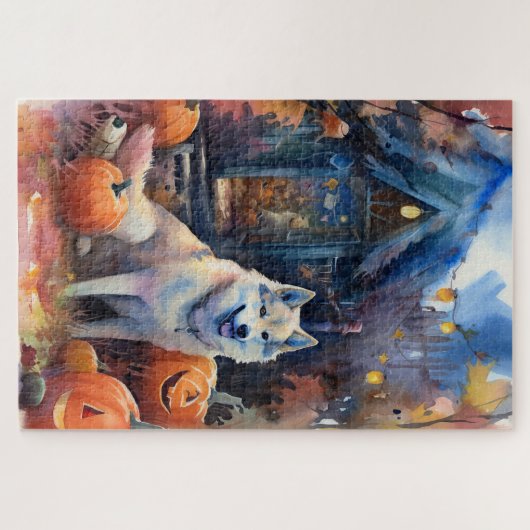 Halloween Alaskan Malamute mit Pumpkins Beängstige Puzzle (Horizontal)