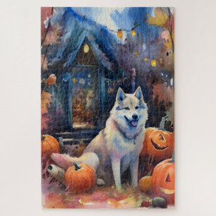 Halloween Alaskan Malamute mit Pumpkins Beängstige Puzzle