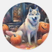 Halloween Alaskan Malamute mit Pumpkins Beängstige Runder Aufkleber (Vorderseite)