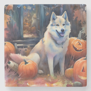 Halloween Alaskan Malamute mit Pumpkins Beängstige Steinuntersetzer