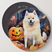 Halloween American Akita mit Pumpkins Beängstigend Button (Vorne & Hinten)