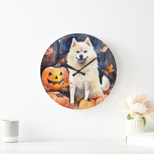Halloween American Akita mit Pumpkins Beängstigend Große Wanduhr (Zuhause)