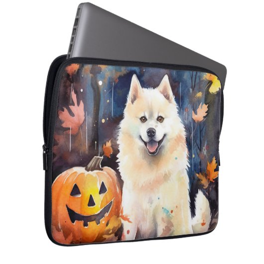 Halloween American Akita mit Pumpkins Beängstigend Laptopschutzhülle (Vorne Rechts)