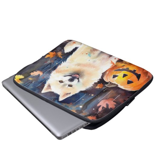 Halloween American Akita mit Pumpkins Beängstigend Laptopschutzhülle (Vorne Knopf)