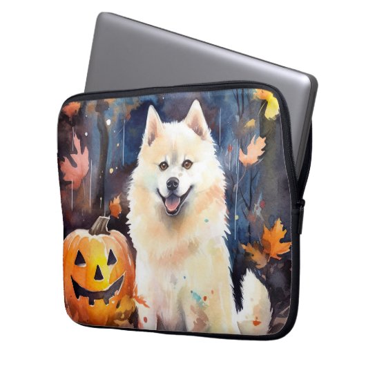 Halloween American Akita mit Pumpkins Beängstigend Laptopschutzhülle (Vorderseite Links)