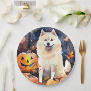 Halloween American Akita mit Pumpkins Beängstigend Pappteller