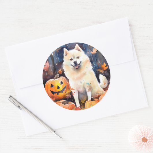 Halloween American Akita mit Pumpkins Beängstigend Runder Aufkleber (Umschlag)