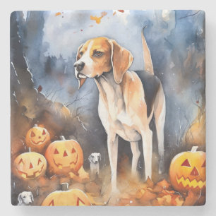 Halloween American English Foxhound mit Kürbissen Steinuntersetzer