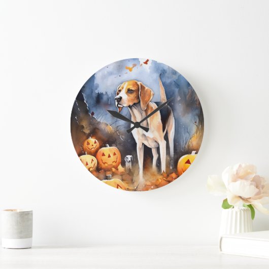 Halloween American English Foxhound with Pumpkins Große Wanduhr (Zuhause)