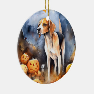 Halloween American English Foxhound with Pumpkins Keramik Ornament