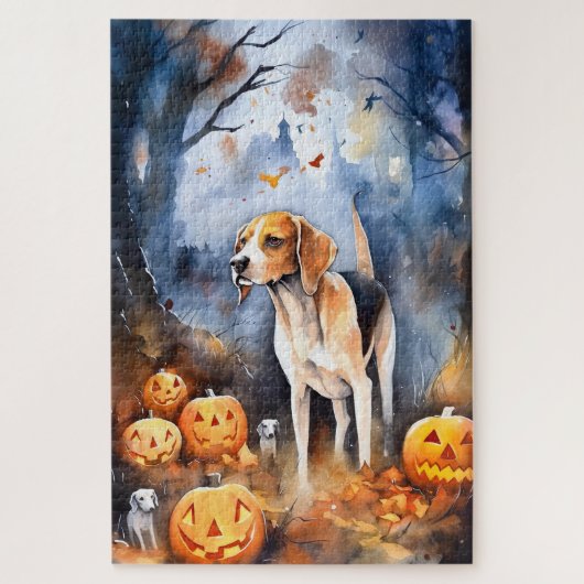 Halloween American English Foxhound with Pumpkins Puzzle (Vertikal)