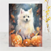 Halloween American Eskimo mit Pumpkins Beängstigen Karte (Gelbe Blume)