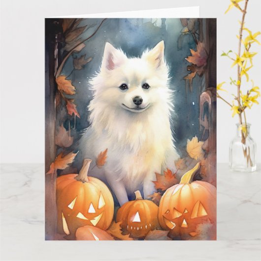 Halloween American Eskimo mit Pumpkins Beängstigen Karte (Gelbe Blume)