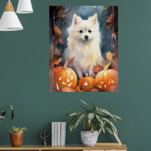 Halloween American Eskimo mit Pumpkins Beängstigen Poster (Wohnzimmer 1)