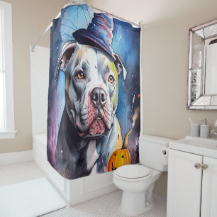 Halloween American Staffordshire mit Kürbissen Duschvorhang