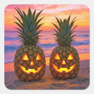 Halloween-Ananas-Jack-o-Lanterns an einem Strand Quadratischer Aufkleber