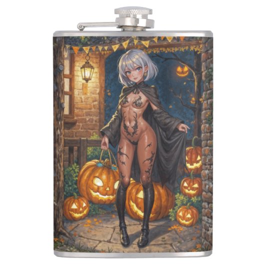 Halloween Anime Mädchen Süßes oder Saures Körperbe Flachmann (Vorderseite)