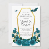 Halloween Aquamarin Florals Gold Coffin Blumenzehe Einladung (Vorderseite)