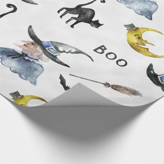 Halloween - Aquarell-Hexe - Katze - Mond Geschenkpapier (Ecke)