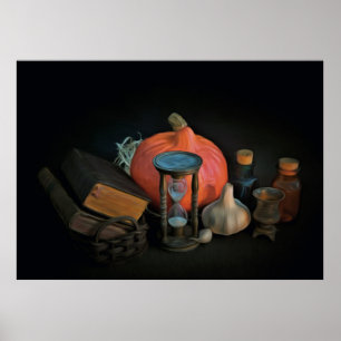 Halloween-Attribute auf einer Tabelle Poster