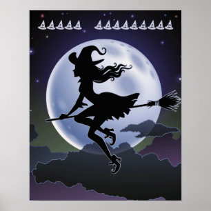 Halloween auf einem Broom mit Vollmond-Poster Poster