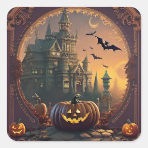 Halloween-Aufkleber Vintage-Kürbisszene Zwei Quadratischer Aufkleber
