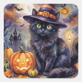 Halloween-Aufkleber - Wasserfarben-Schwarze Katze Quadratischer Aufkleber