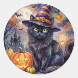 Halloween-Aufkleber - Wasserfarben Schwarze Katze Runder Aufkleber