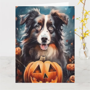 Halloween Australian Shepherd mit Kürbissen Grusel Karte