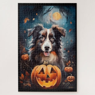 Halloween Australian Shepherd mit Kürbissen Grusel Puzzle