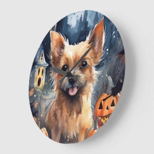 Halloween Australian Terrier with Pumpkins Beängst Große Wanduhr