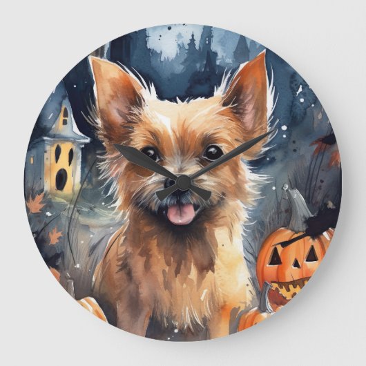 Halloween Australian Terrier with Pumpkins Beängst Große Wanduhr (Vorderseite)